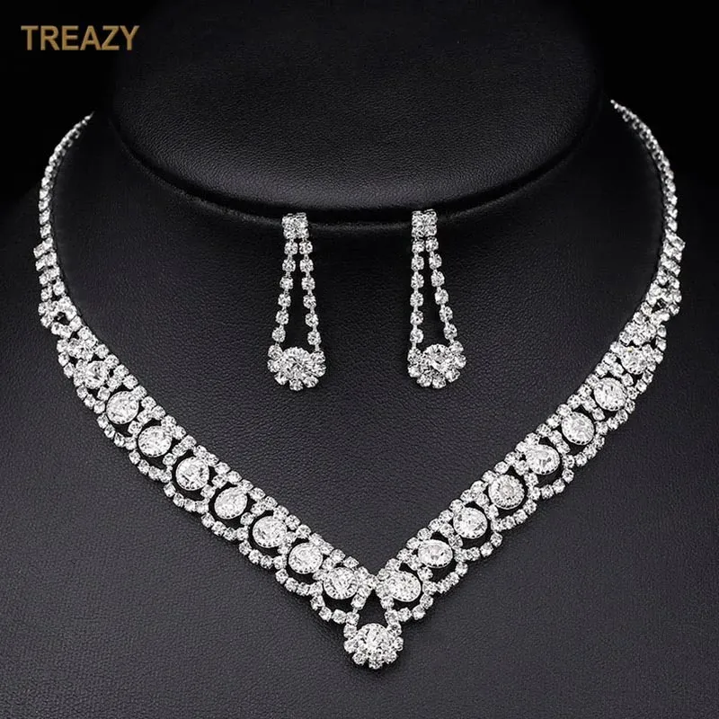 Conjuntos de joyas de boda TREAZY Sier Color Rhinestone Cristal nupcial para mujeres Collar Pendientes Pulsera Conjunto Accesorios_voghion.com
