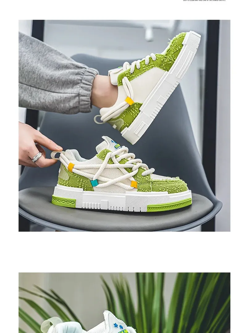Chaussures de skateboard à lacets en toile vulcanisée à plateforme verte pour homme, baskets basses de tennis décontractées pour hommes 240704_voghion.com