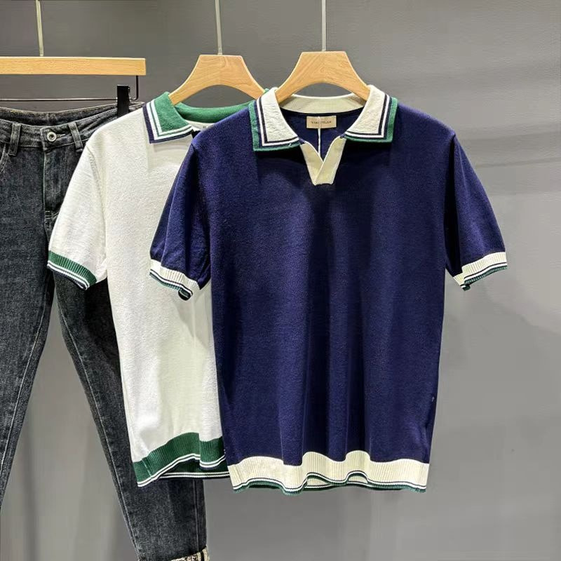 Men’s Clothing Knitted V Neck Polo Shirt Color Matching Light Mature Retro Summer Short Sleeved Handsome Casual Men’s T Shirt New Tops