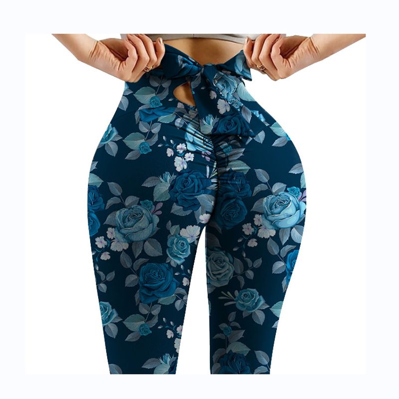 Damen Frühling/Sommer Mehrfarbig bedruckte Hip Lift Falten Slim Fit Yogahose mit hoher Taille und elastischer Schleife_voghion.com