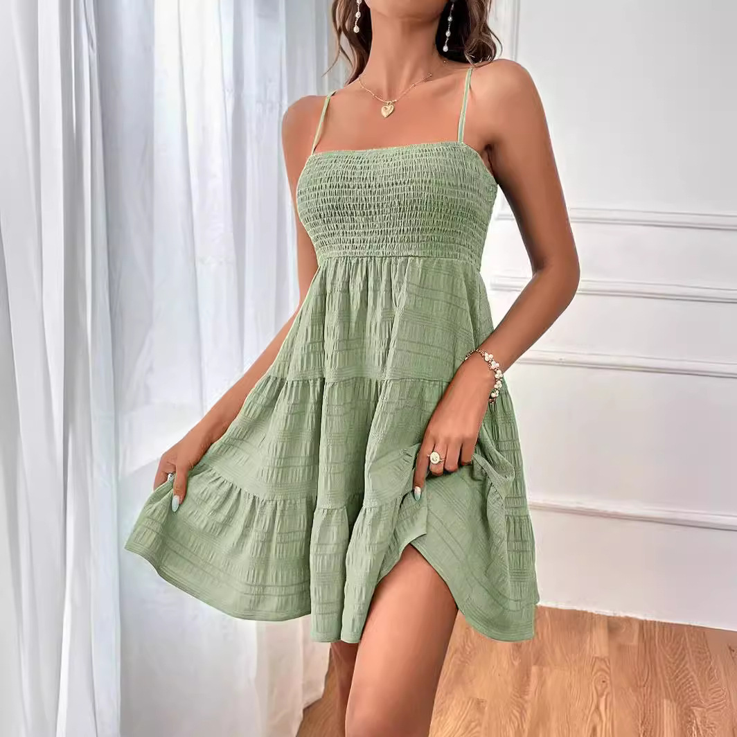 2025 Women's Summer New One Collar Thin Strap Solid Color Versatile Texture Dress_voghion.com