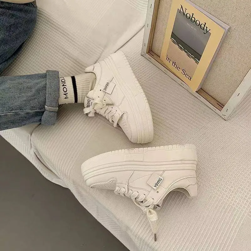 Zapatos blancos de suela gruesa para mujer, 2024, versátiles, de tiro alto, informales, para estudiantes, LHShoe_voghion.com