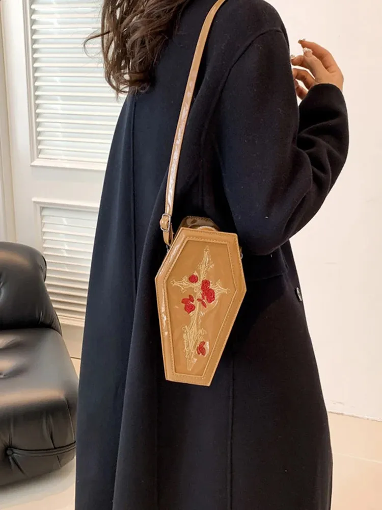Sac à main en forme de cercueil pour femme, pochette à bandoulière gothique fantaisie rose, sac à main décontracté, cadeau d'Halloween 240823_voghion.com