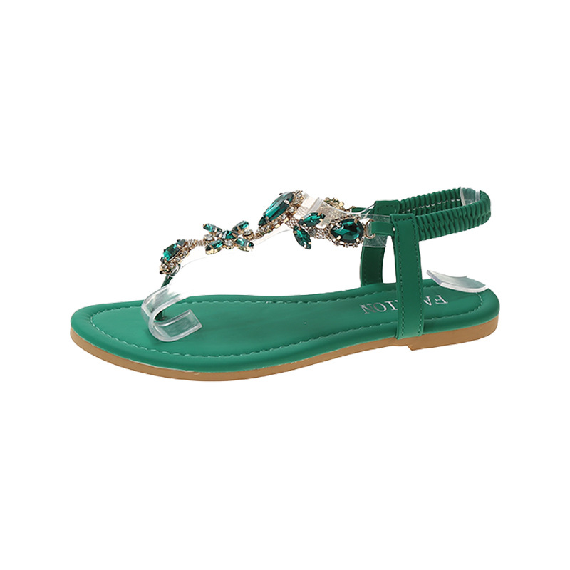 Women's Rhinestone Sandals Flat Heel Toe Summer Beach Slippers_voghion.com