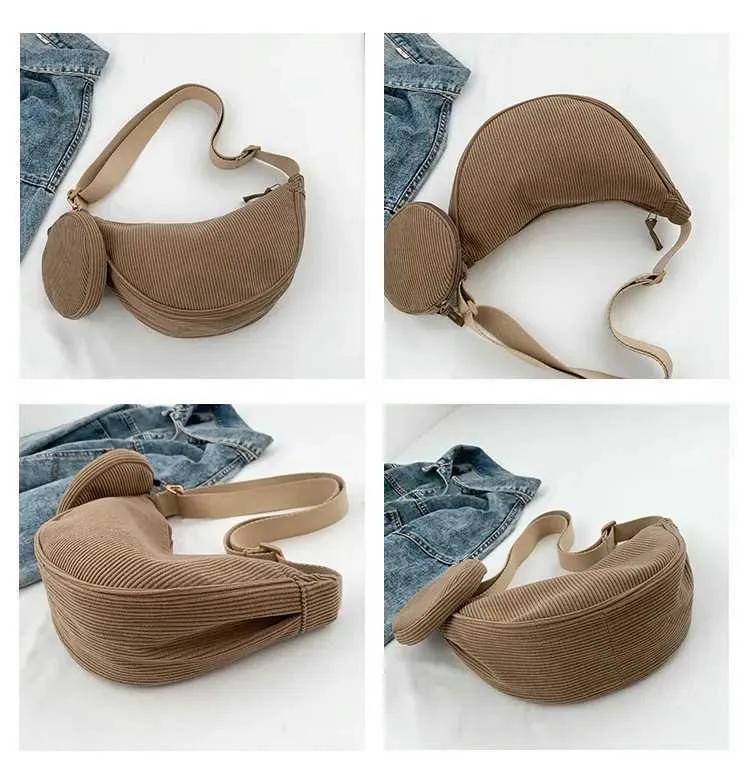 Borsa a tracolla casual in velluto a coste da donna Hobos, semplice, tinta unita, borsa a tracolla da donna, versatile, da pendolare_voghion.com