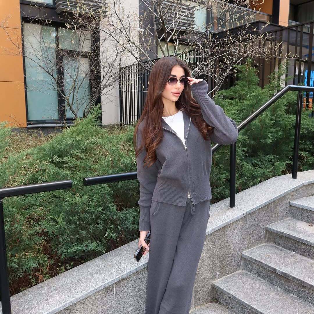 ​​Women's Minimalist Knit Sweater & Long Skirt Set – Long-Sleeve Ribbed Cotton-Blend Lounge Outfit, Solid Color Tie-Waist Comfort Suit_voghion.com