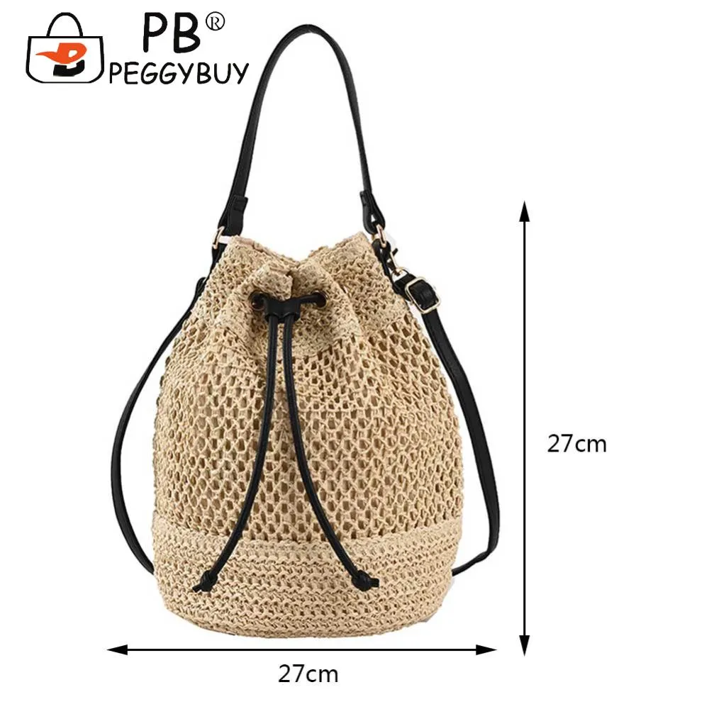 Summer Women Handbags Drawstring Straw Beach Crossbody Bags Adjustable Strap Fashion Casual Simple Elegant For Weekend_voghion.com