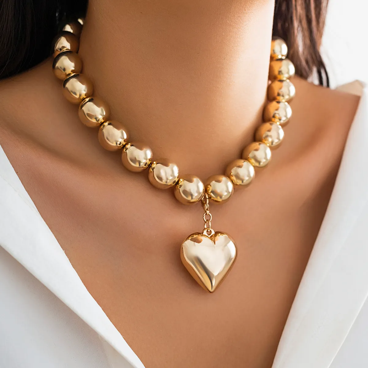 Collane con ciondolo IngeSight.Z Punk Metal Peach Heart Collana per donna Vintage Oro Colore CCB Perline Choker Party_voghion.com