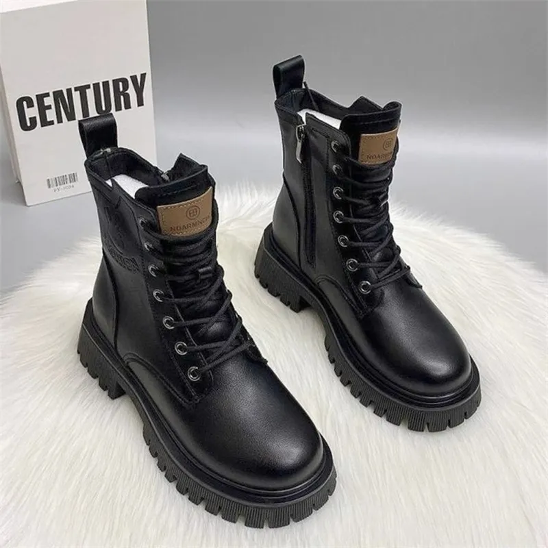 British Retro Style New Autumn/Winter Thick Bottom Zipper Lace up Black Classic Anti slip and Wear resistant Short Boots_voghion.com
