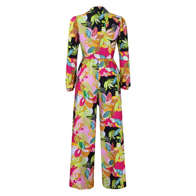 Women's Fashion Print Two-piece Lapel Tie Shirt Wide Leg Pants Suit_voghion.com