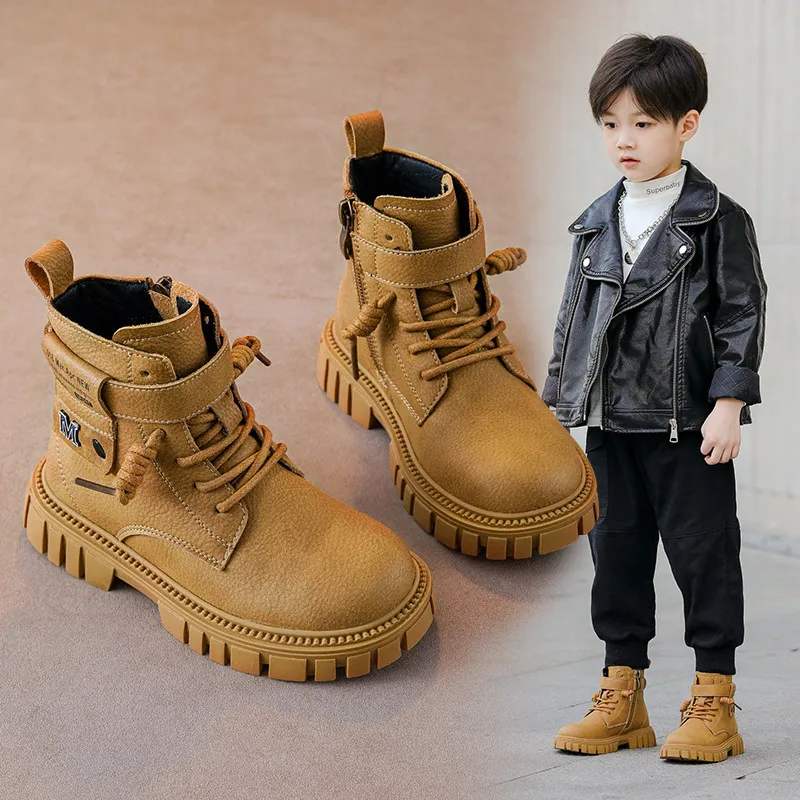 Botas Happysteps de cuero estilo motociclista con correa al tobillo para niños grandes, para montar a caballo, senderismo, otoño e invierno, talla grande_voghion.com