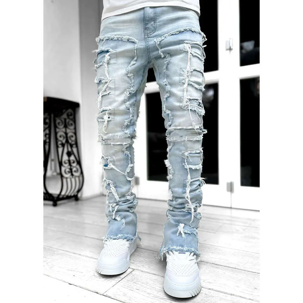 Pantalon droit en denim à patch élastique pour homme, nouvelle mode de rue_voghion.com