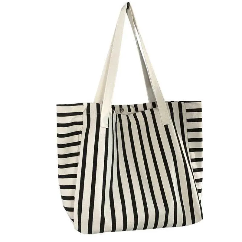 New Beach Handbag Fi Wen Canvas Summer Large Capacity Strip Shopping Bag Y241109_voghion.com
