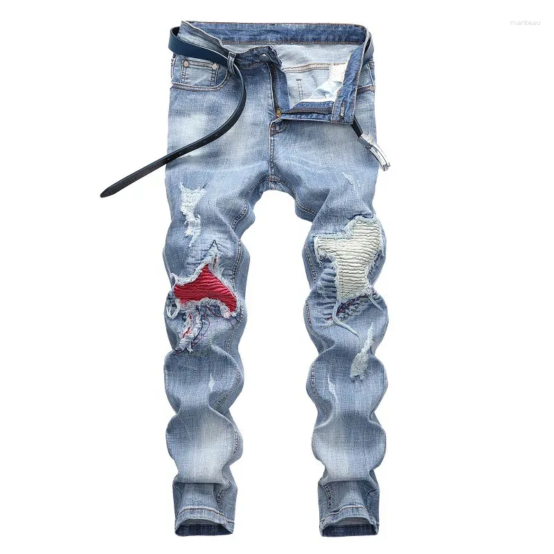 Men's Jeans Personalized Ripped Light Streetwear Stretch Straight Slim Fit Casual Motorcycle Denim Trousers Male