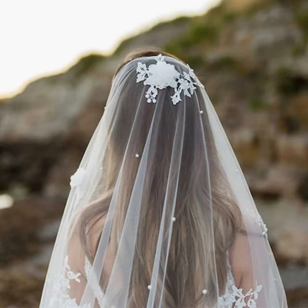 Bijoux de cheveux 3D Fleurs Voiles de mariée Perles Voile 1 Niveau Long Cathédrale veu avec Peigne Accessoires de mariage pour mariée VP56_voghion.com