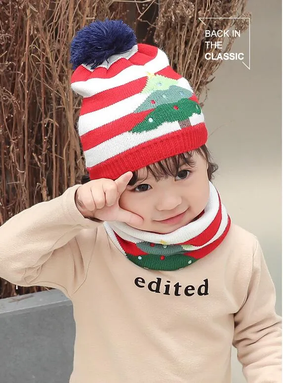 Presente de Natal Quente Gorro Chapéu Conjunto de Duas Peças Bebê Menino e Menina Crianças Quentes Malha Chapéu de Inverno Cachecol de Pescoço para 1-5 Anos_voghion.com