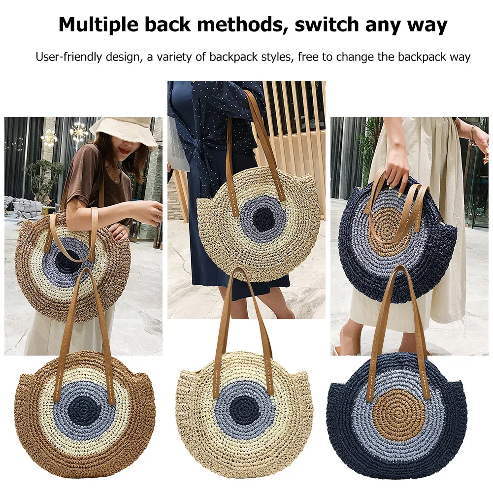 Borsa a tracolla rotonda estiva da donna in rattan intrecciato, in paglia, fatta a mano, da spiaggia, per la spesa, con manico superiore_voghion.com