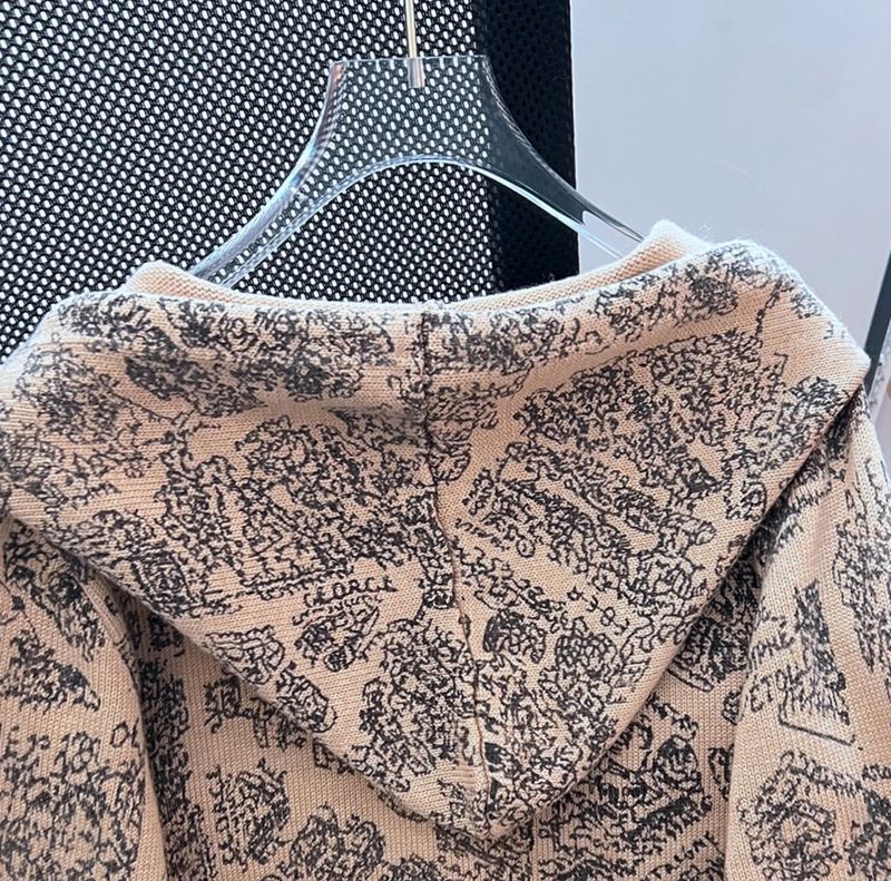 Damenbekleidung Design Sense abstrakte Musterstickerei Kordelzug Kapuzenstrickjacke_voghion.com