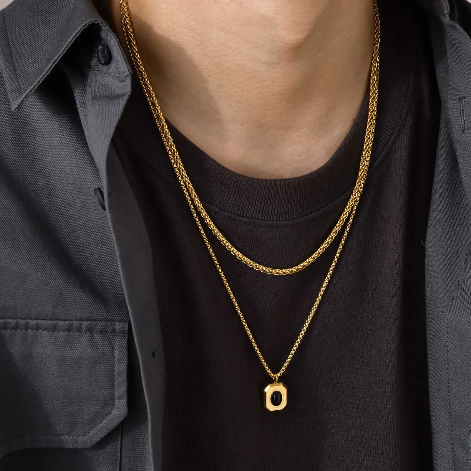Collana quadrata nera elegante per uomo in oro giallo 14k con catena cubana a forma di scatola Figaro, colore dorato, a doppio strato_voghion.com