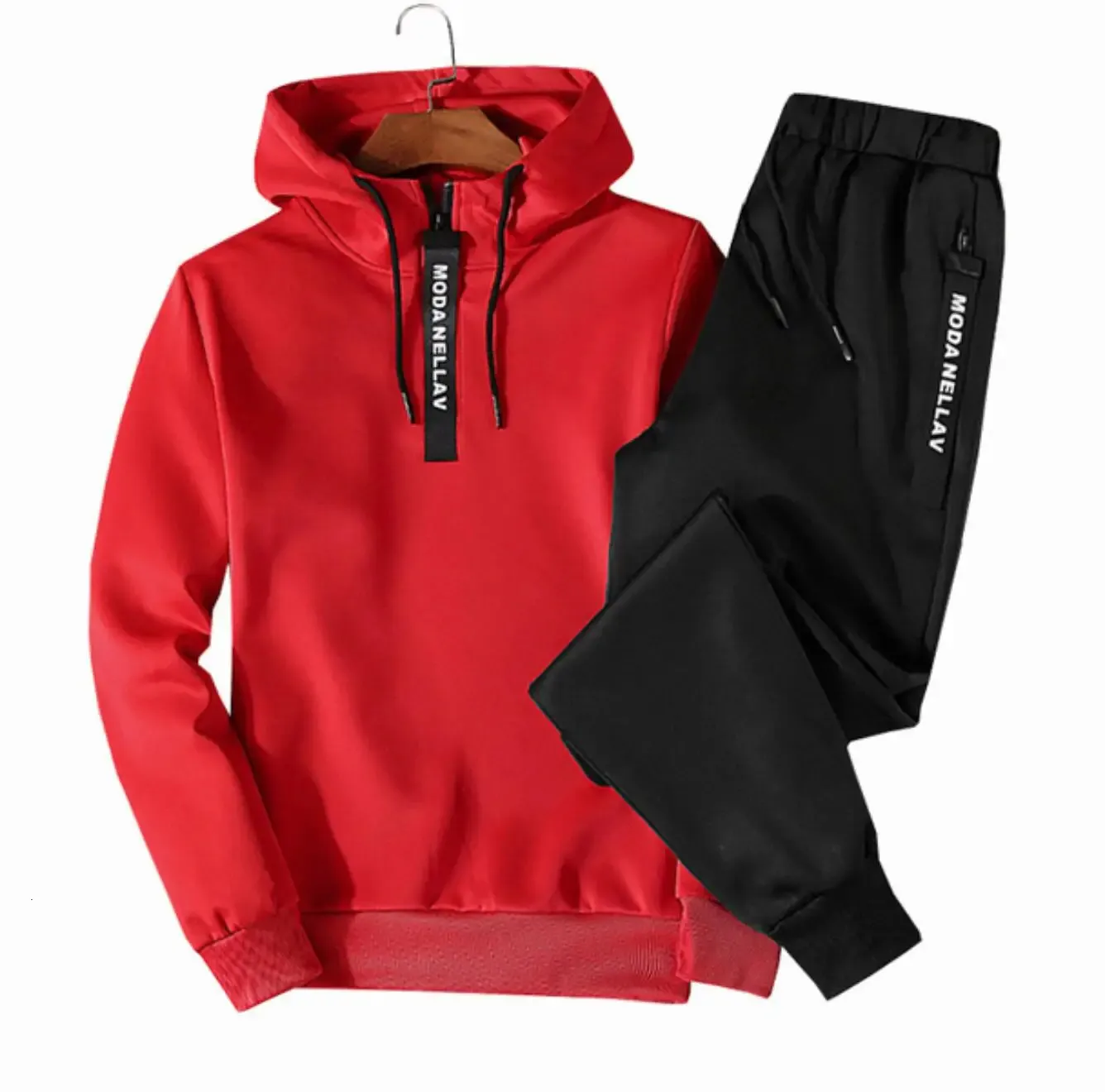 Set di abbigliamento sportivo da uomo tinta unita, patchwork con cerniera, trapuntato da uomo, felpa con cappuccio casual primaverile, felpe con cappuccio, 2 pezzi + pantaloni da jogging_voghion.com