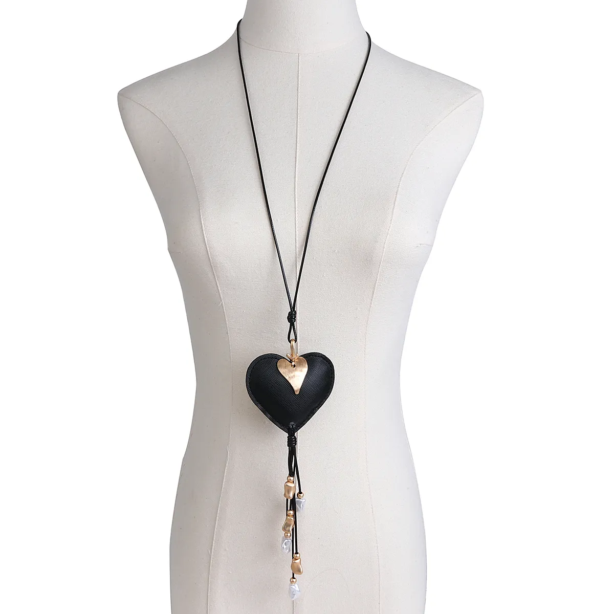 Catene ALLYES Bohemian Nero Grande Cuore Ciondolo Collana Per Le Donne Perline Di Metallo Nappa Lunga Pelle Coppia Regali_voghion.com