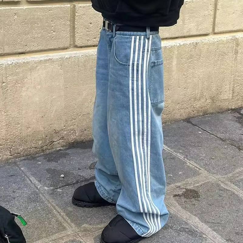 Women's Clothing Street Striped Jeans Men's Loose Casual Versatile Wide Leg Pants Autumn Women's Straight Mopping Pants