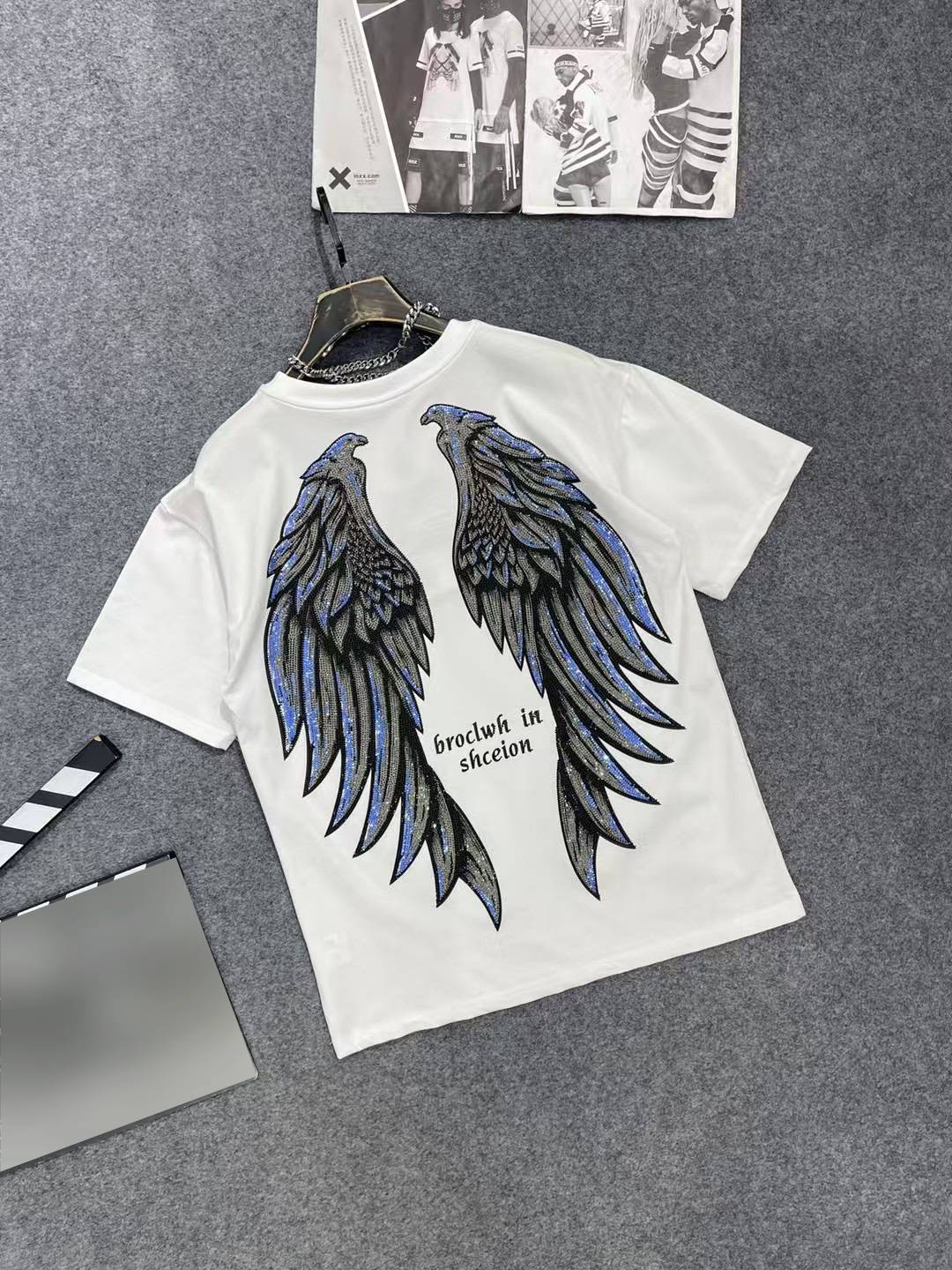 Women's Clothing Plus Size 200 300 Lbs Trendy Brand Rhinestone Wing Letter Short Sleeve T Shirt For Women And Couples_voghion.com