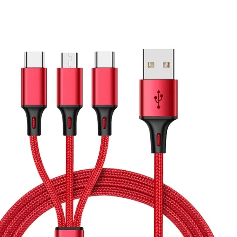 1 Meters 2m 3-in-1 Data Copper Core Nylon Braided Anti-stretch Multi-port Android V8 Type C 2a Fast Charge Mobile Phone_voghion.com