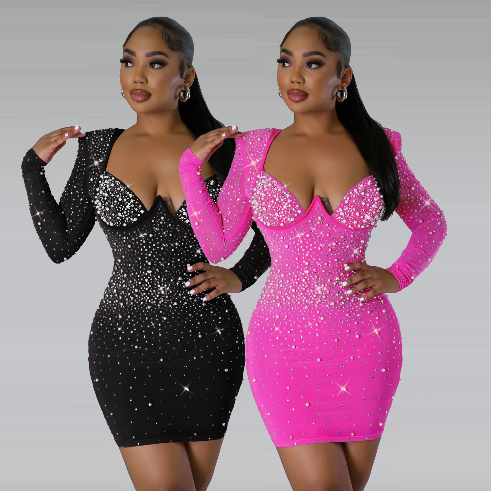 Women's Clothing Sexy Slim Fit Hot Diamond Slim Fit Elastic Hip Long Sleeve Dress