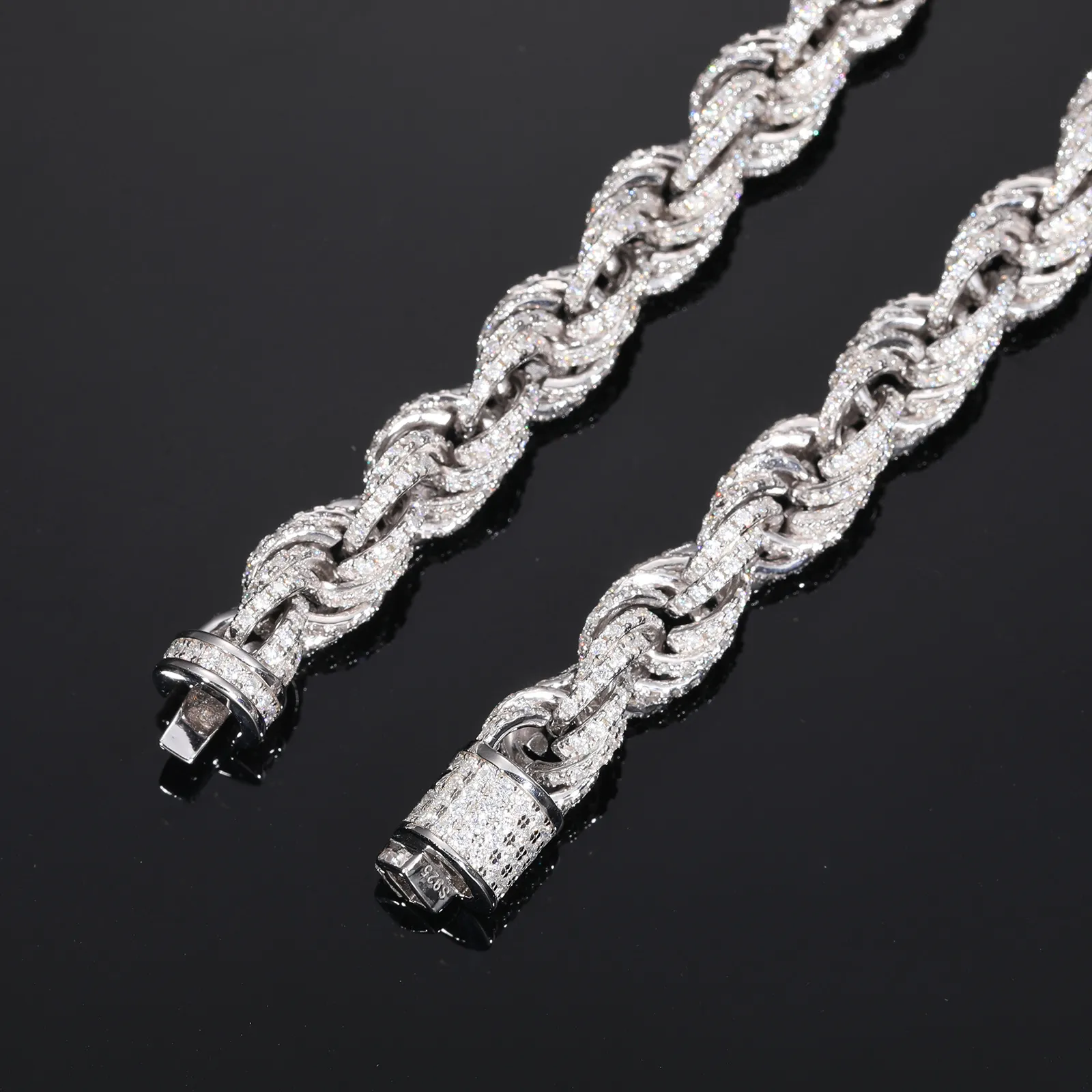 8mm Tamamen Buzlu Halat Kolye Yaylı Toka Bağlantı Zincir Bileklik Sterling Gümüş ve VVS Moissanite_voghion.com