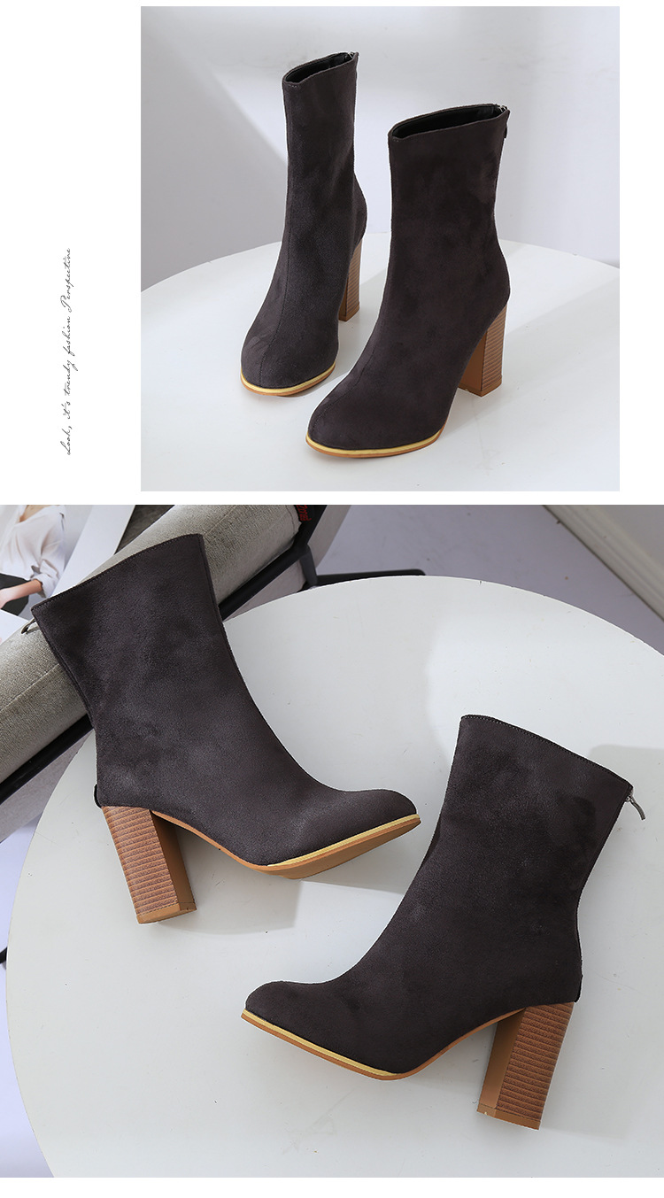 Bottes Martin à bout pointu et mi-tube pour femmes, talons hauts, à la mode, slim, fermeture éclair au dos, en daim, talon épais, nouvelle collection_voghion.com