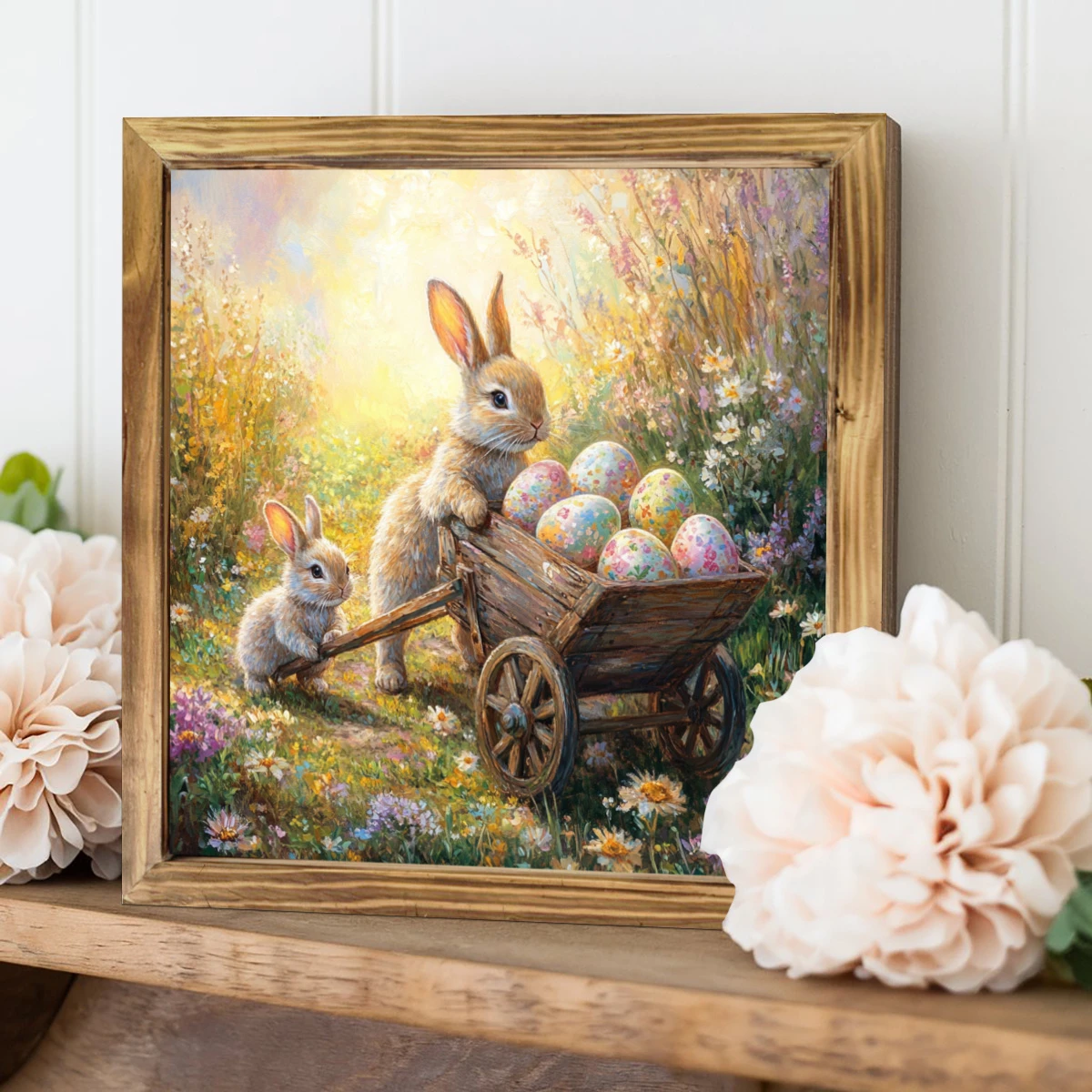 Rustikales Holzschild „Hase und Schubkarre“ (20,3 x 20,3 cm) – Bauernhaus-Wandkunst für Eingangsbereich, Küche und Wohnzimmer | Osterdeko und Geschenk_voghion.com