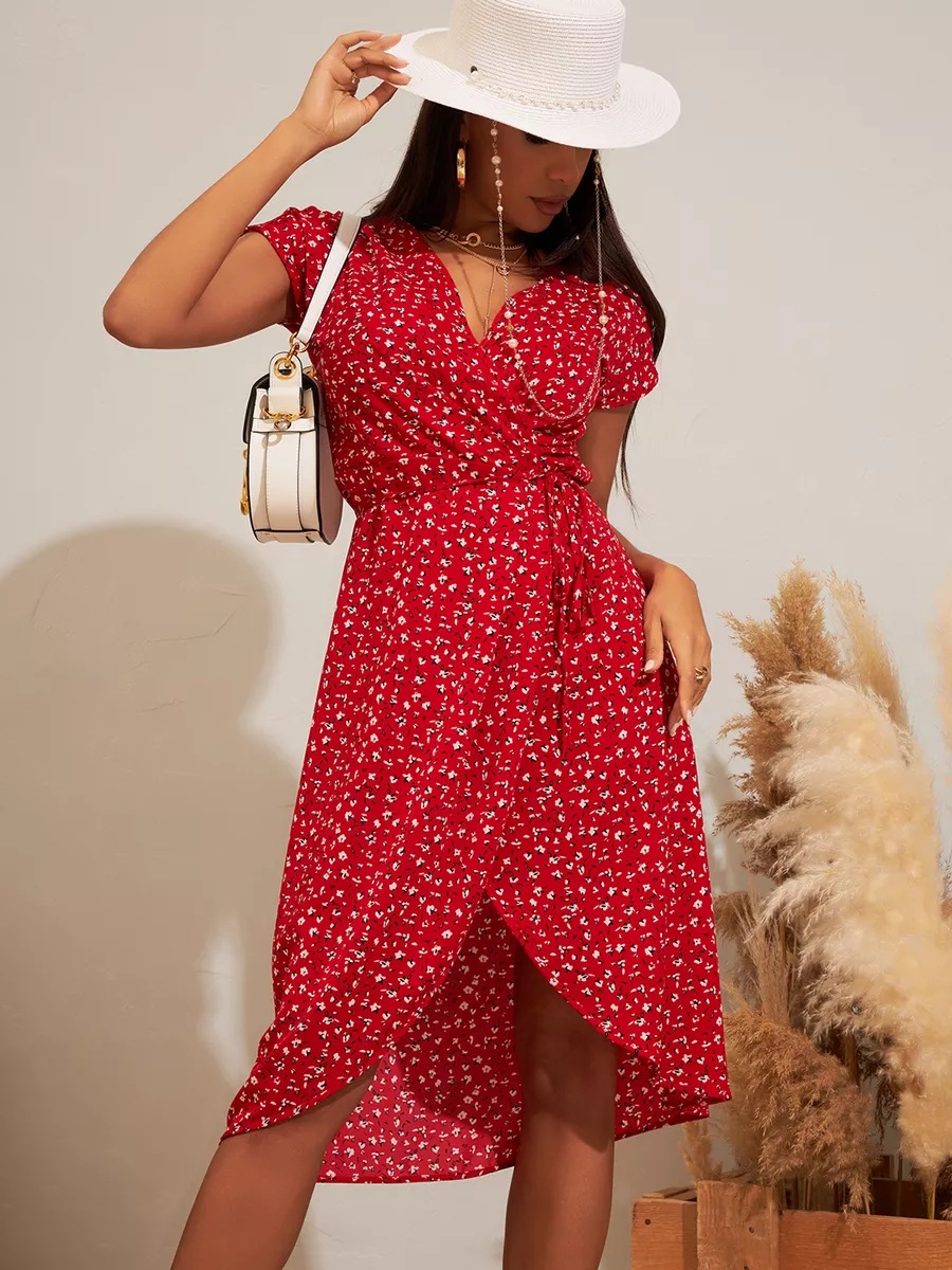 Naisten uusi muoti painettu hihainen V-kaula-vyötärömekko naisille_voghion.com