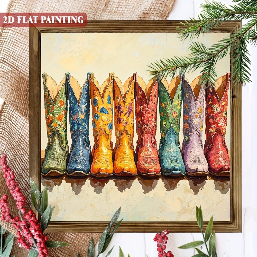 Vibrant Cowboy Boots Wooden Art - 8x8" Framed Western Decor With Floral Patterns. Perfect For Man Caves, Bars, Or As A Rustic Holiday Gift._voghion.com
