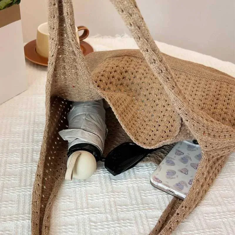 Borsa a mano lavorata a maglia da designer, grande portafoglio, estiva, da spiaggia, casual, da donna, con tracolla cava Y241011_voghion.com