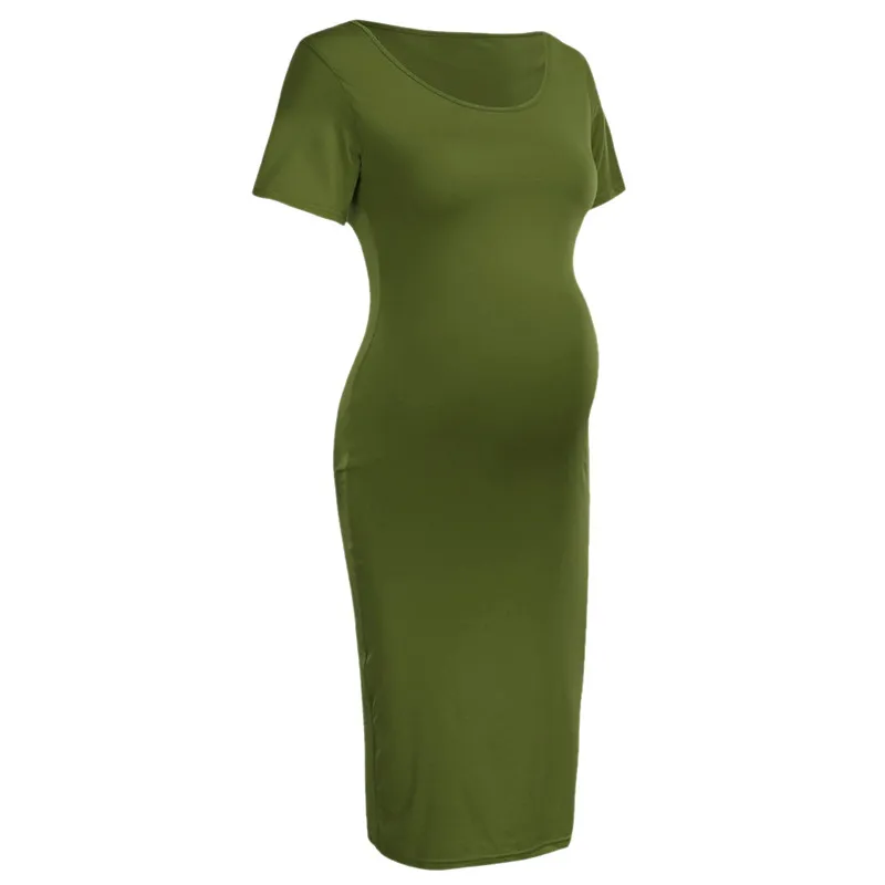 bunvel Sommer Bodycon Gravide Kvinner Sommerkjoler Ensfargede Mammaklær Kortermede Graviditetskjoler Premama Wear_voghion.com