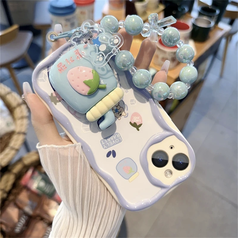 3D Wave Hülle Kompatibel für I 15 14 13 12 11 PRO MAX XR XS X 8 7 6 6S PLUS Erdbebensichere ästhetische Erdbeermilchtee- und Armbandhülle_voghion.com