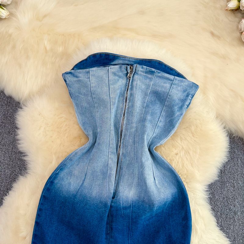 Women's color-changing tube top waist slimming mid-length back slit denim hip-hing dress_voghion.com