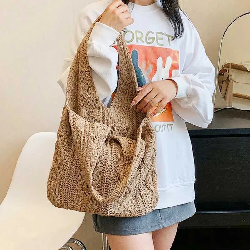New Vintage Wool Knitted Hand Woven Shoulder Bag For Women Casual Shopping Handbag Large Capacity Female hetC241105_voghion.com