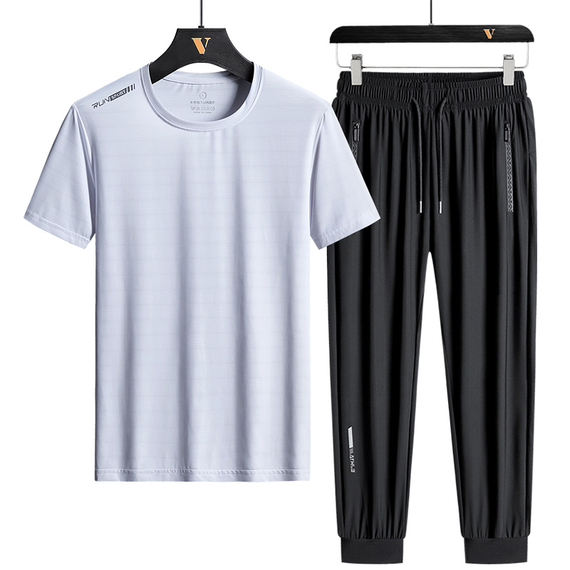 Men's Ice Silk Sports Suit Men's Youth Running Suit Quick-Drying Casual Short-Sleeved T-Shirt Trousers Sports Two-Piece Suit_voghion.com