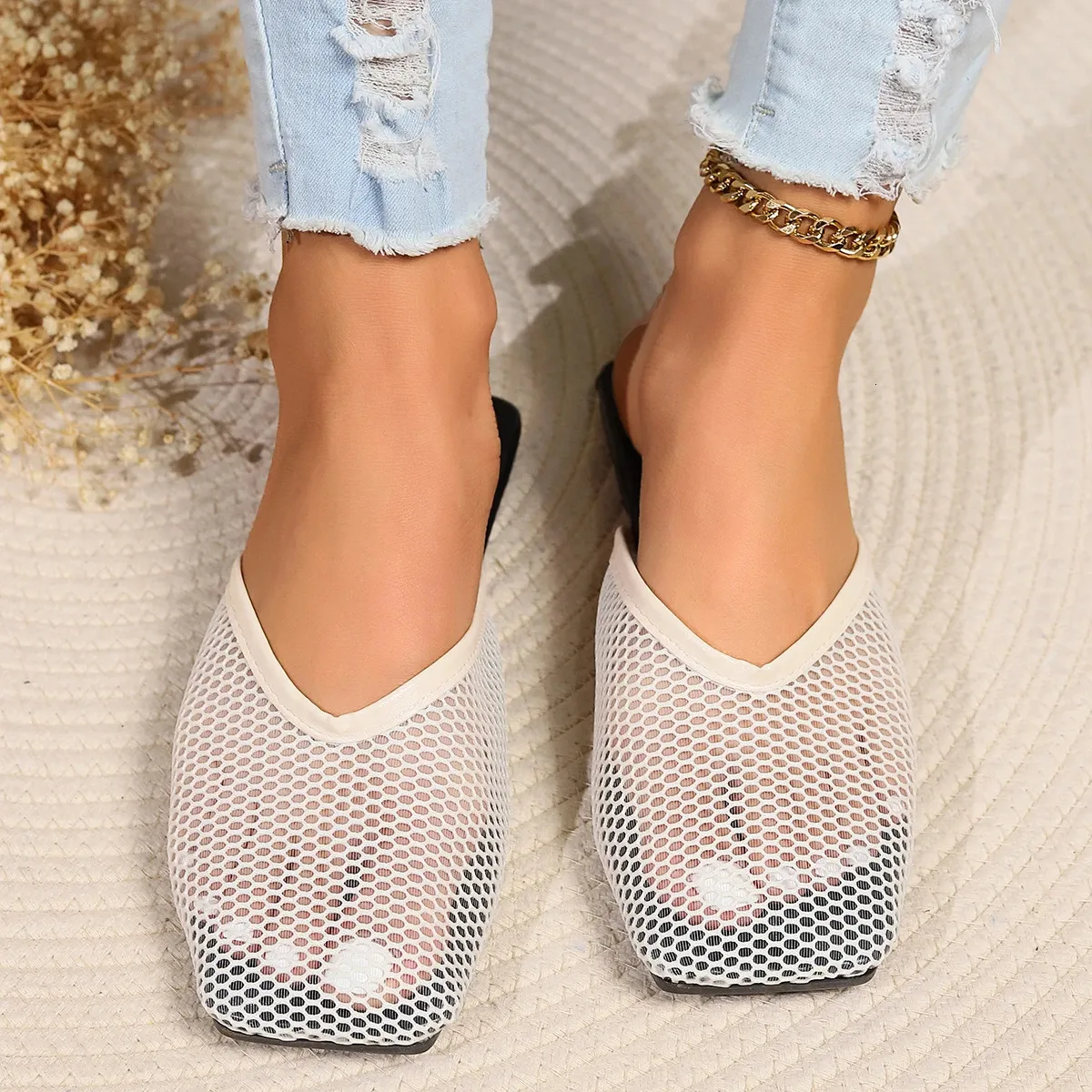 Muls Womn Shos Msh Summr Low Hl Slipprs Outdoor Sandals Koran Sxy Elgant Chic Squar To Slip On 240613_voghion.com