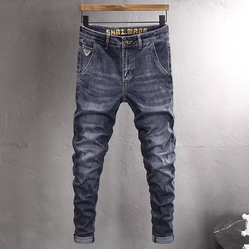 Spring and summer new trend dark blue jeans men s Korean version fit versatile youth elastic slim leg pants men