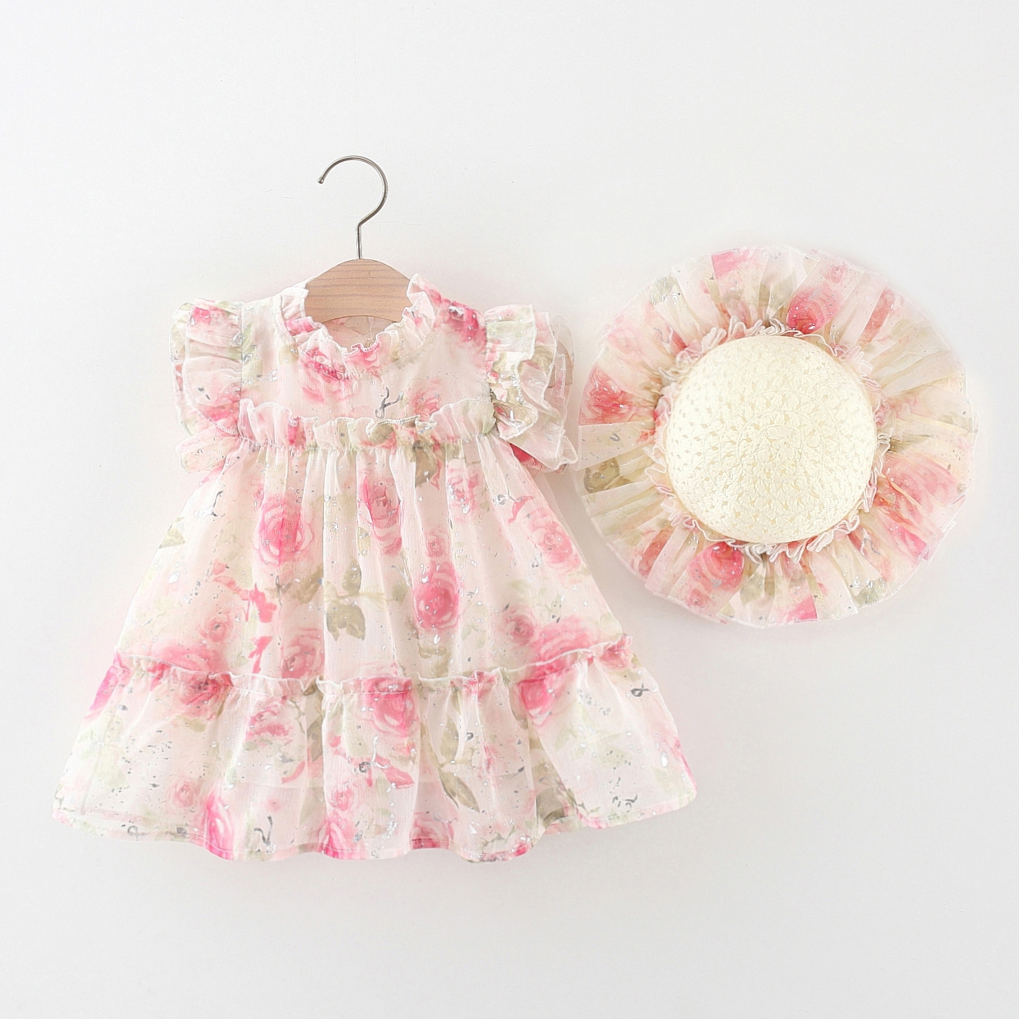 Baby Yellow Dress Baby Girl Rose Flower Printed Chiffon Princess Dress Send Beach Hat_voghion.com