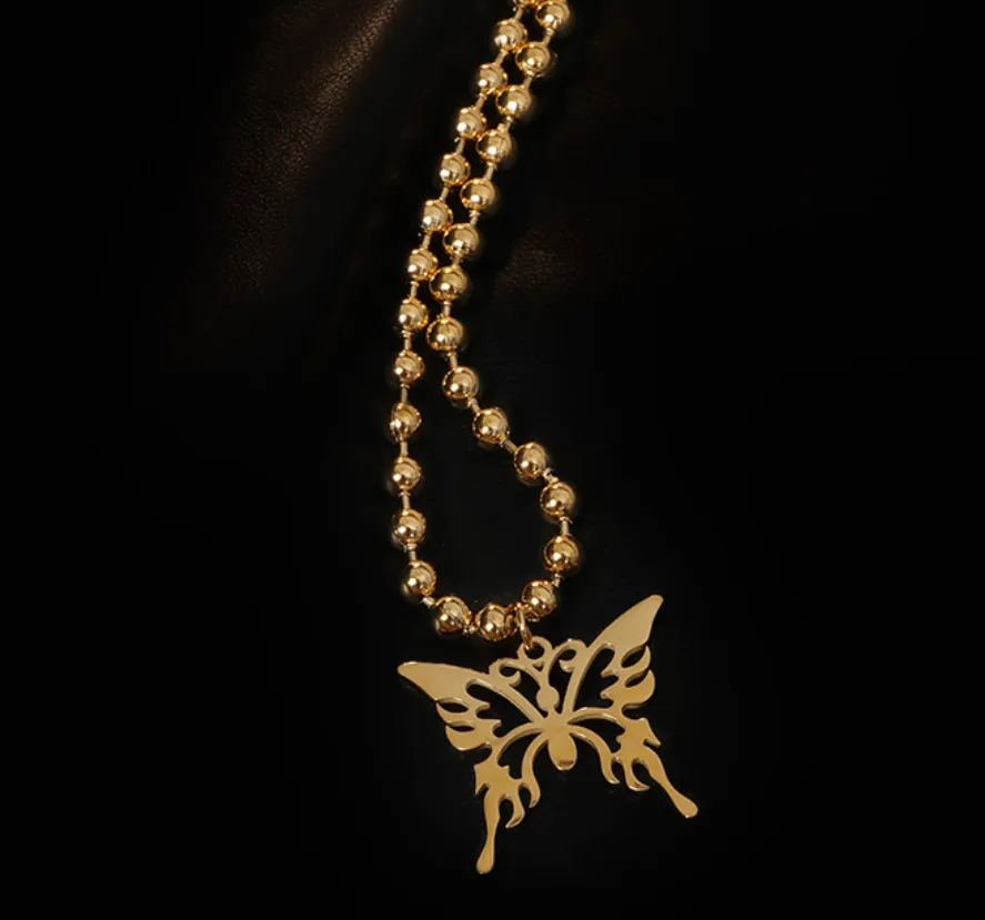 Ketten Einfache Aushöhlen Schmetterling Anhänger Runde Perlenkette Titan Stahl Halskette Für Frauen Modeschmuck_voghion.com