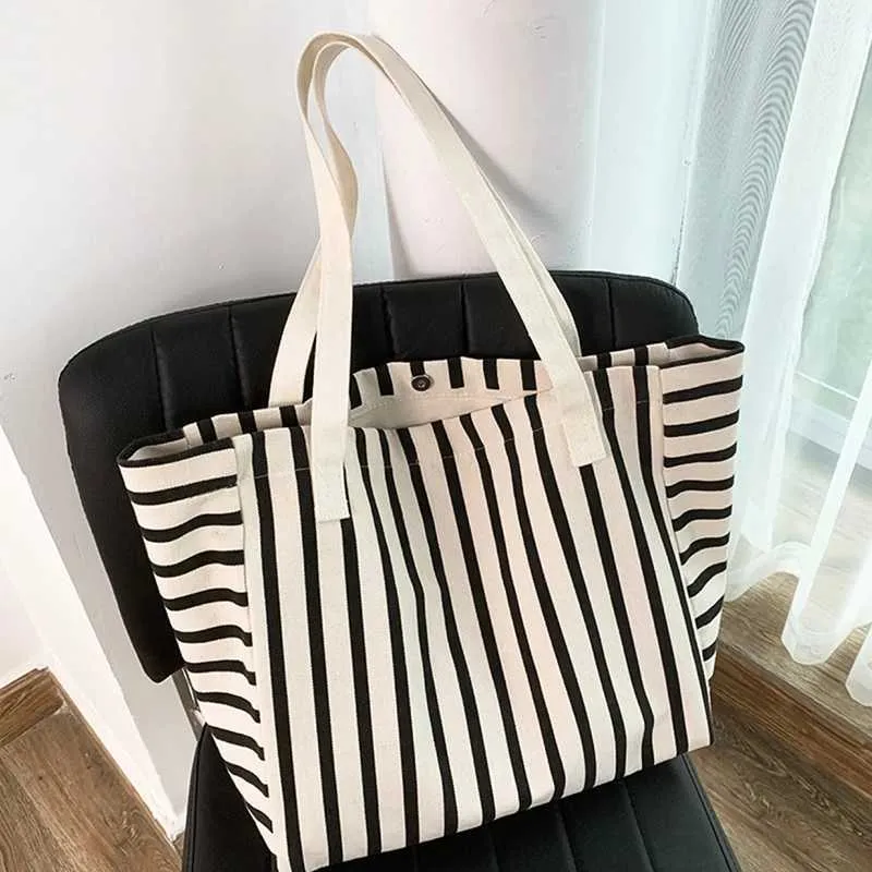 New Beach Handbag Fi Wen Canvas Summer Large Capacity Strip Shopping Bag Y241109_voghion.com