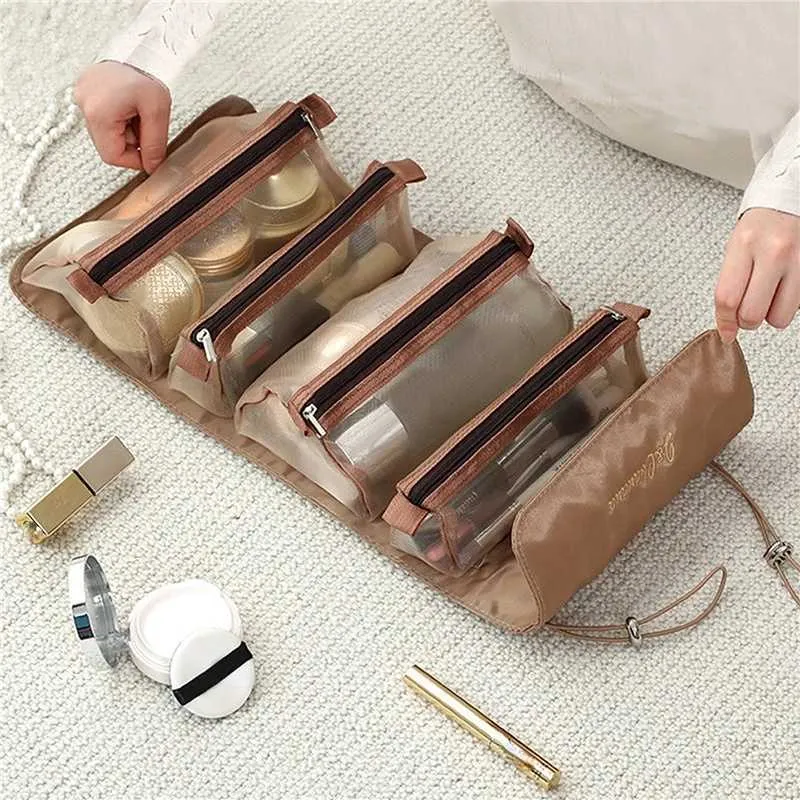 Borsa porta pennelli da trucco pieghevole in nylon con cerniera 4 in 1, indipendente da donna, Y241023_voghion.com