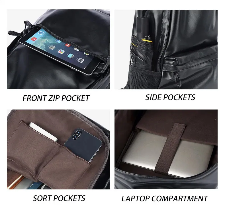 Schwarzer Leder für Herren Business Travel Wasserdichter Daypack PU 16 Zoll Laptop-Rucksack 240829_voghion.com