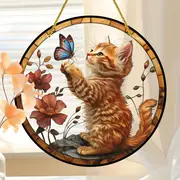 Captor de soare jucăuș cu pisicuță și fluture - artă acrilică vibrantă de 20 cm. Decor fantezist pentru ferestrele din grădină sau cadoul prețuit al iubitorilor de animale._voghion.com