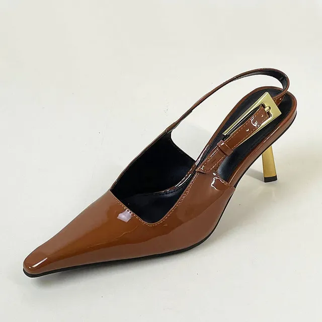 Sapatos de salto alto femininos com fivela de metal, bico fino, sandálias femininas, calçado marrom Ce88_voghion.com
