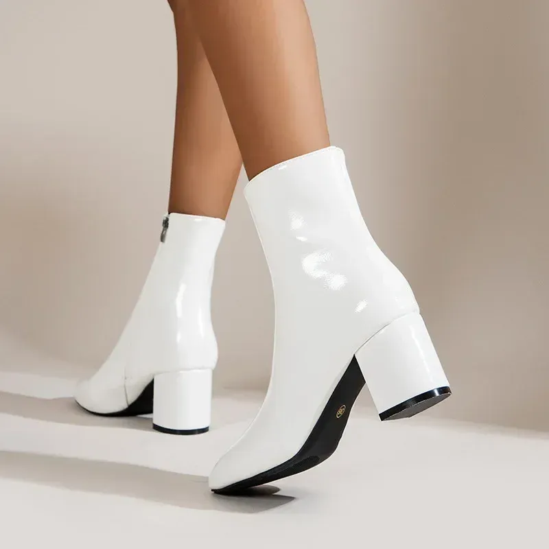 White Ankle Boots for Women Side Zipper Stretch Middle Heel Large Size Short Boot Fashion Pointed Shoes Botas De Mujer_voghion.com
